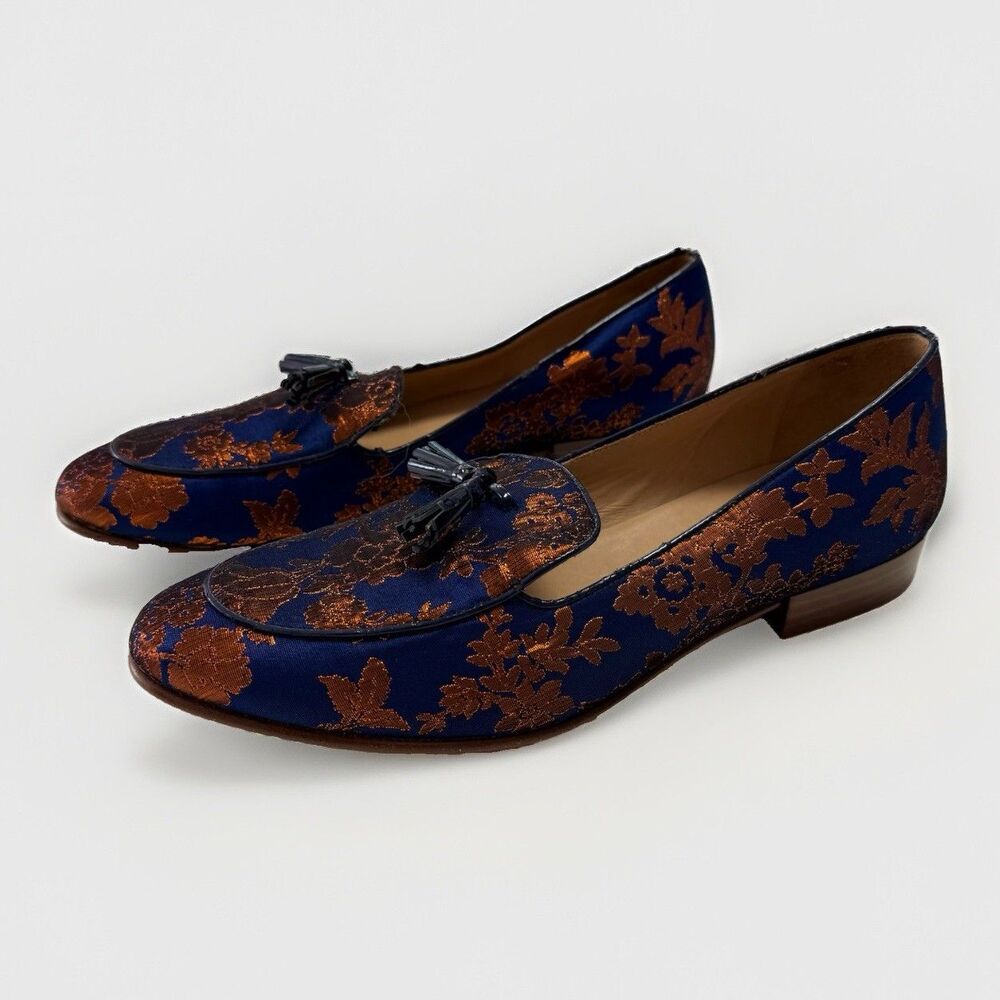 J. Crew Navy & Copper Orange Metallic Jacquard Tasseled Leather Sole Loafer Sz 7